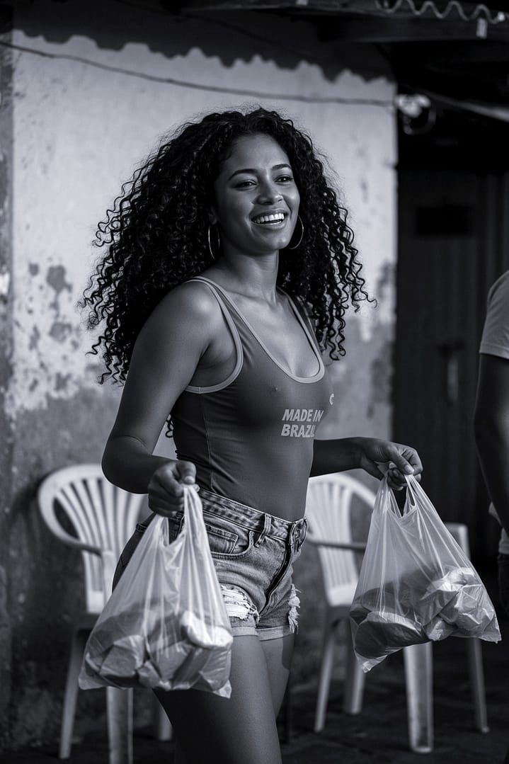 Black and white portrait of a young Black Brazilian woman with curly hair, wearing a tank top with 'MADE IN BRAZIL' visible, smiling and carrying two plastic bags filled with what appears to be bread, in an outdoor setting with chairs, titled Feito Brasil (or Pão na Chapa), from the Cotidiano series in the Brasil Profundo collection, by artist YSA.