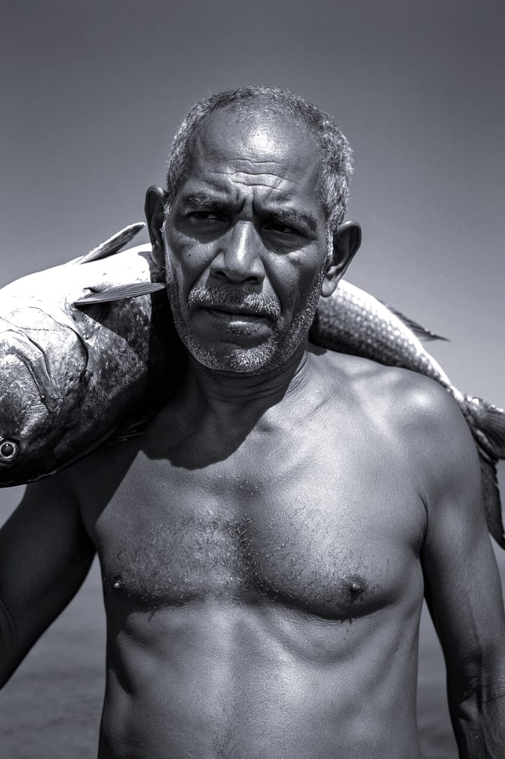 Black and white portrait of a Brazilian fisherman carrying a large fish on his shoulder titled Troféu de Sahy, from the Cotidiano series in the Brasil Profundo collection, by artist YSA.
