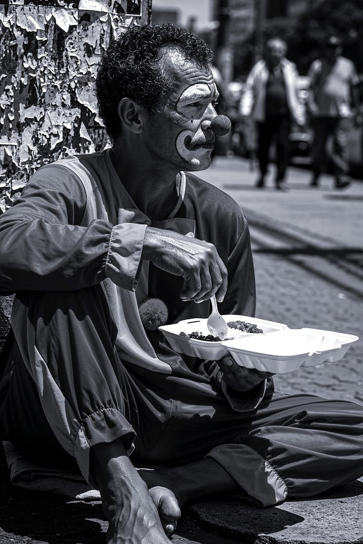 Black and white portrait of a Brazilian man dressed as a clown, with face paint and a red nose, sitting on the ground and eating a meal from a Styrofoam container, in an urban setting with blurred people in the background, titled A Vida é um Circo, from the Cotidiano series in the Brasil Profundo collection, by artist YSA.