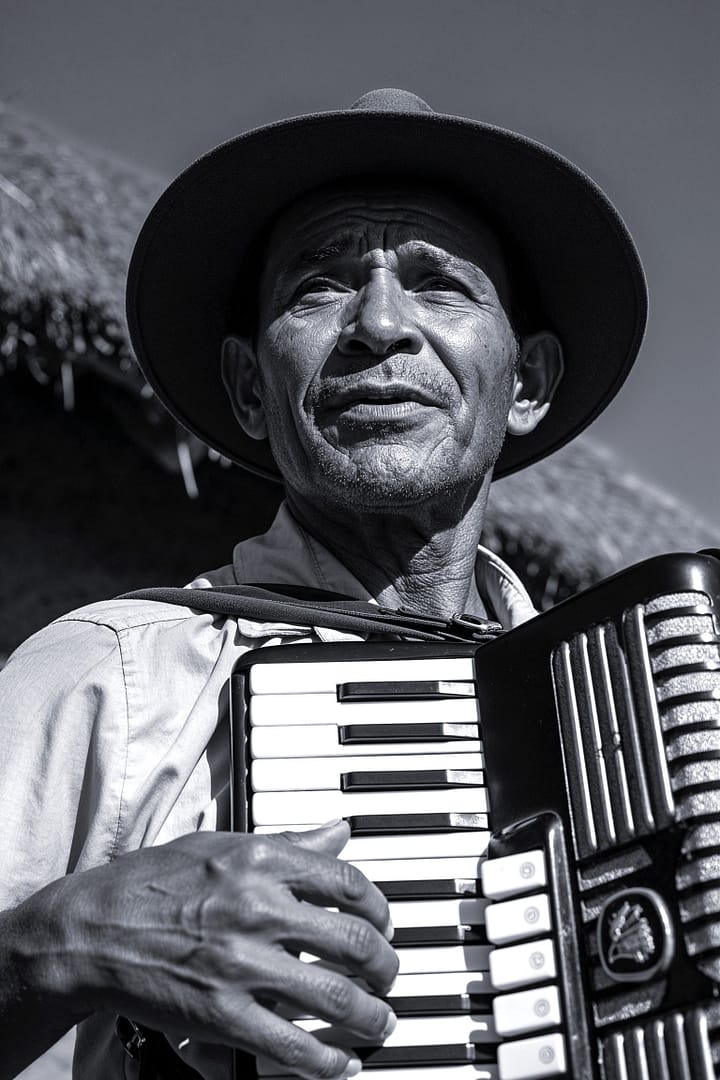Black and white portrait of a Brazilian man wearing a hat, intently playing an accordion and looking upwards, against a clear sky with a blurred thatched roof in the background, titled Acorde Ressequido, from the Cotidiano series in the Brasil Profundo collection, by artist YSA.