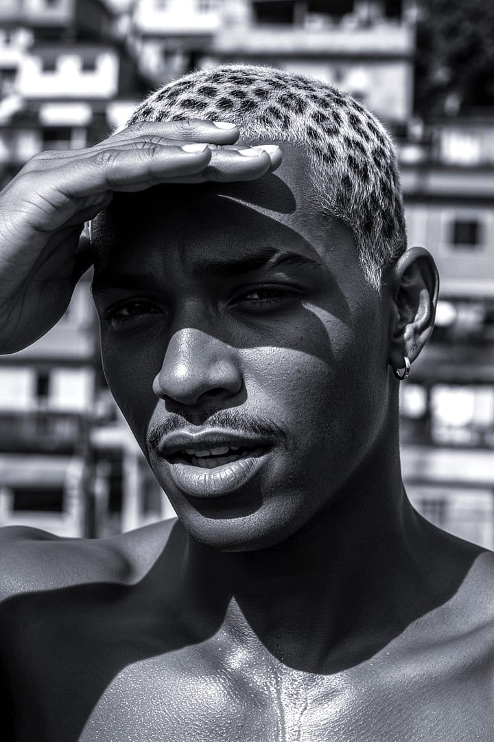 Black and white portrait of a young Black Brazilian man with blonde hair dyed and styled with leopard print, shielding his face from the sun with his hand and looking into the distance, with a favela background, titled Pega a Visão, from the Cotidiano series in the Brasil Profundo collection, by artist YSA.