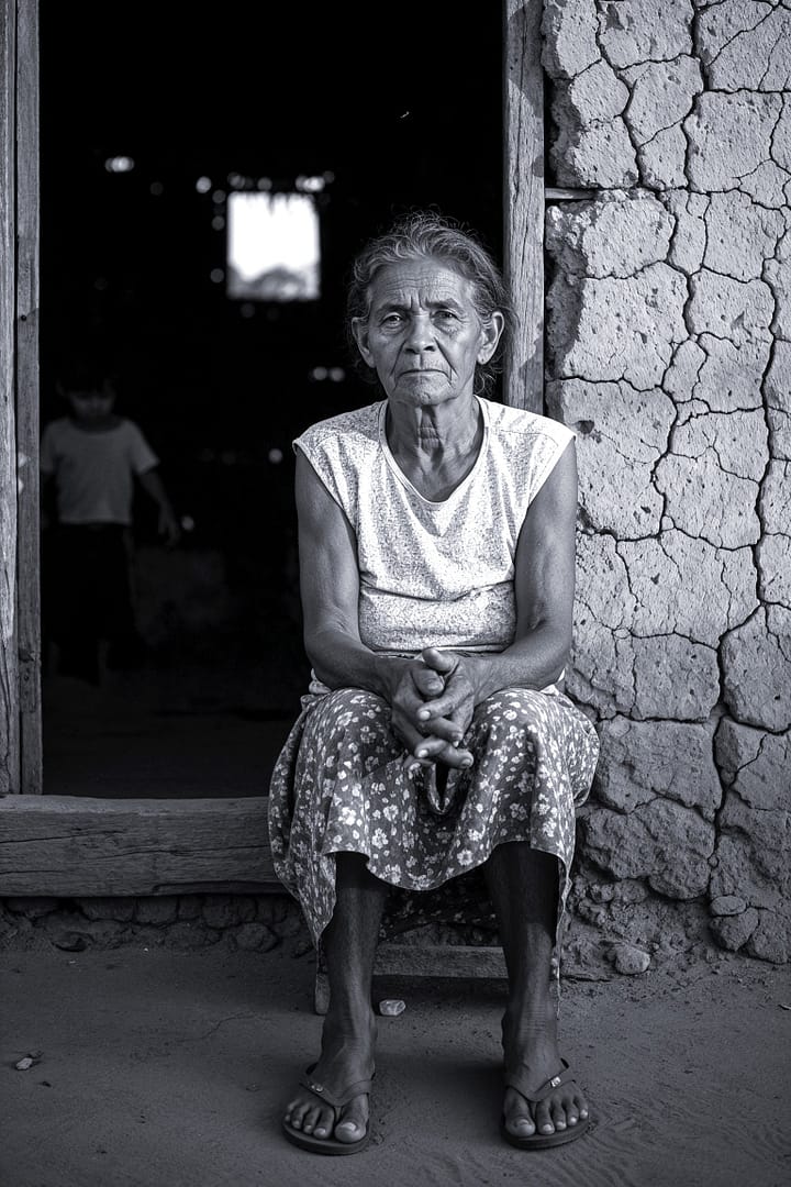 Black and white portrait of an elderly Brazilian woman sitting by a cracked pau a pique wall titled Rachaduras, from the Cotidiano series in the Brasil Profundo collection, by artist YSA.