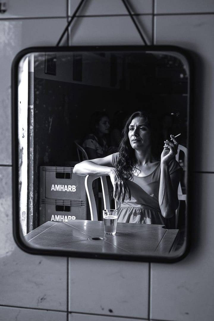Black and white portrait of a Brazilian travesti sitting at a table in a bar and smoking, reflected in a mirror titled Rainha de Copas, from the Cotidiano series in the Brasil Profundo collection, by artist YSA.