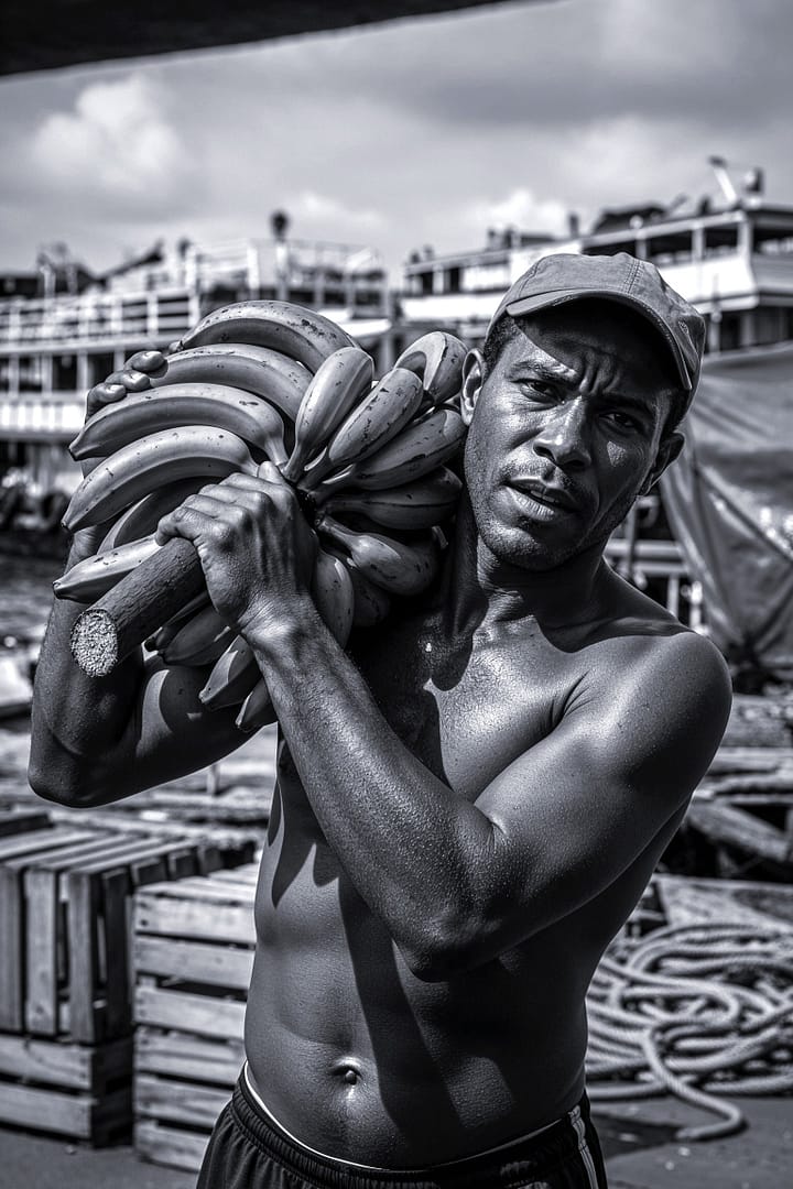Black and white portrait of a Brazilian dock worker carrying a large bunch of bananas on his shoulder titled Terminal Pacovã, from the Cotidiano series in the Brasil Profundo collection, by artist YSA.