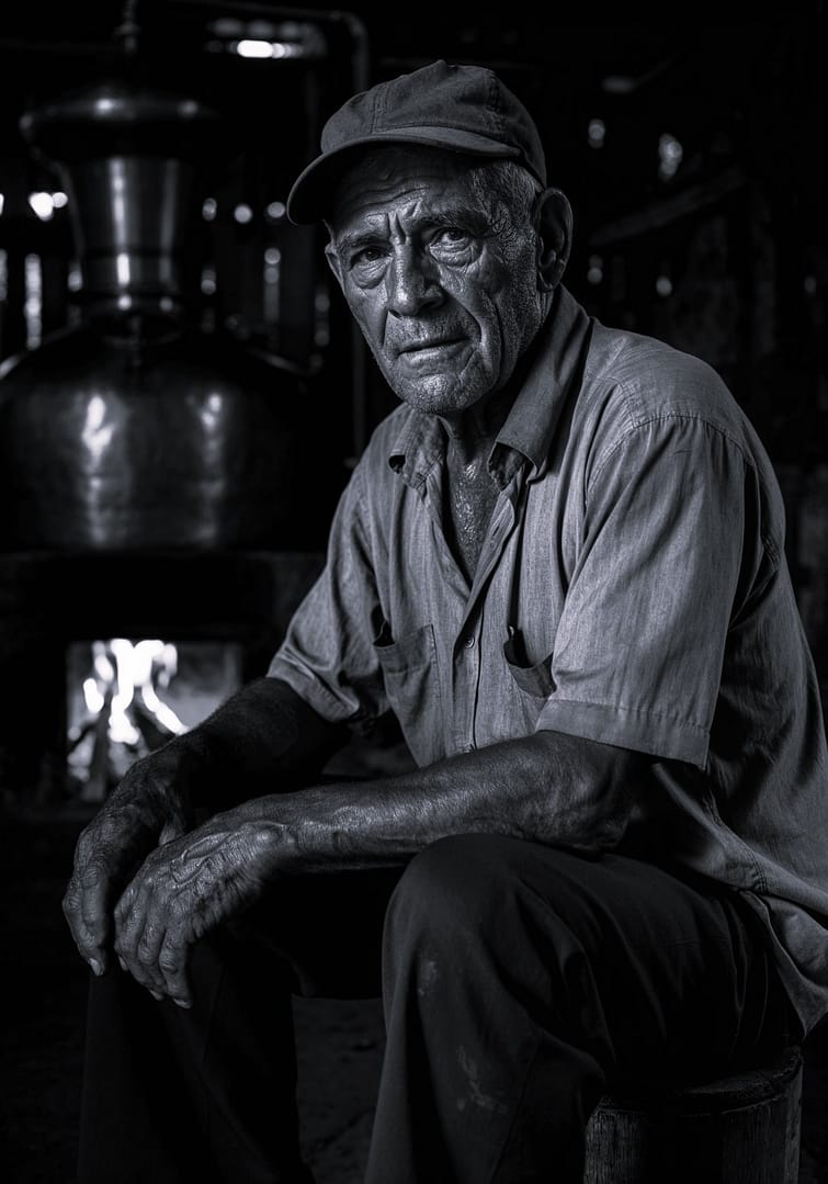 Black and white portrait of an older Brazilian man wearing a cap, looking intently at the viewer, seated in a dimly lit distillery with a traditional alambique (still) and glowing fire in the background, titled Alambiqueiro, from the Ofícios series in the Brasil Profundo collection, by artist YSA.