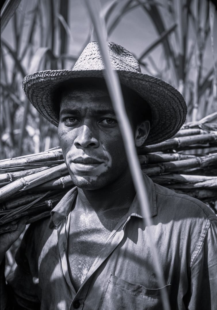 Black and white portrait of a Brazilian sugarcane cutter wearing a straw hat, carrying bundles of sugarcane over his shoulder, looking intently at the viewer, with a serious expression and visible facial marks, surrounded by a sugarcane field, titled Cortador de Cana, from the Ofícios series in the Brasil Profundo collection, by artist YSA.