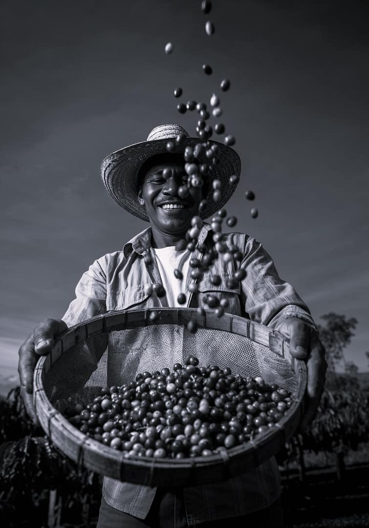 Black and white portrait of a smiling Brazilian coffee farmer wearing a straw hat and holding a sieve with coffee beans, with more beans falling into the sieve, against a bright sky, titled Peneirador de Café, from the Ofícios series in the Brasil Profundo collection, by artist YSA.