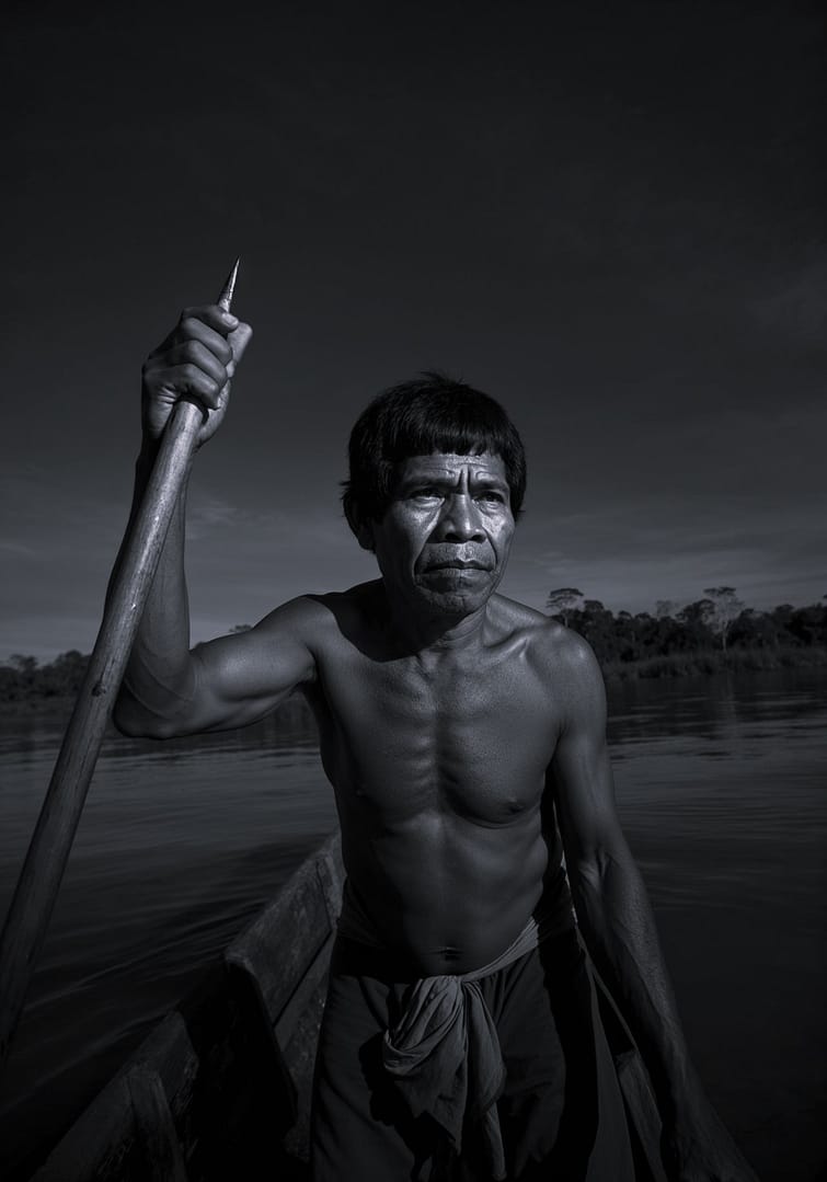 Black and white portrait of a Brazilian artisanal fisherman, holding a long pole or paddle, looking intently forward while standing in a traditional wooden boat on a dark river, with distant trees blurred in the background, titled Pescador Artesanal, from the Ofícios series in the Brasil Profundo collection, by artist YSA.