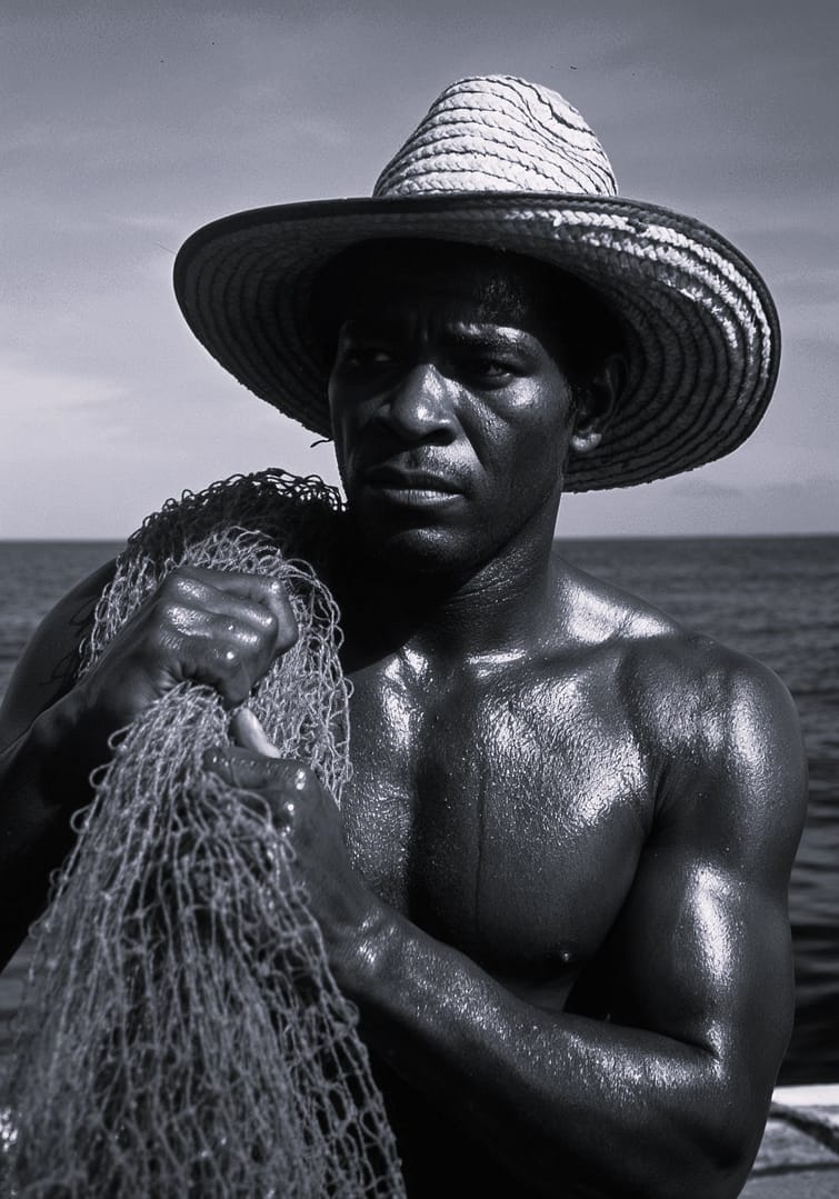 Black and white portrait of a Brazilian fisherman wearing a straw hat and holding a fishing net over his shoulder, with a blurred expanse of water and sky in the background, titled Pescador de Xaréu, from the Ofícios series in the Brasil Profundo collection, by artist YSA.