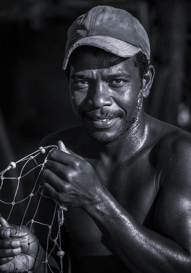 Black and white portrait of a smiling Brazilian man wearing a cap, inspecting or repairing a fishing net, against a dark, blurred background, titled Redeiro, from the Ofícios series in the Brasil Profundo collection, by artist YSA.