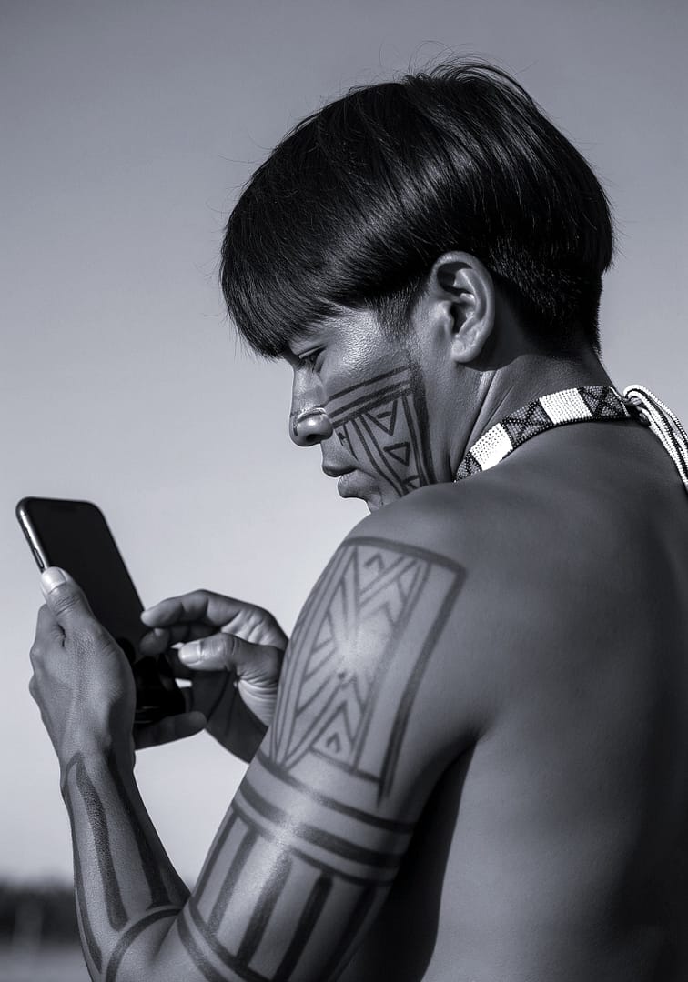 Black and white portrait of a Brazilian indigenous man holding a smartphone sign titled Conectado, from the Cotidiano series in the Brasil Profundo collection, by artist YSA.